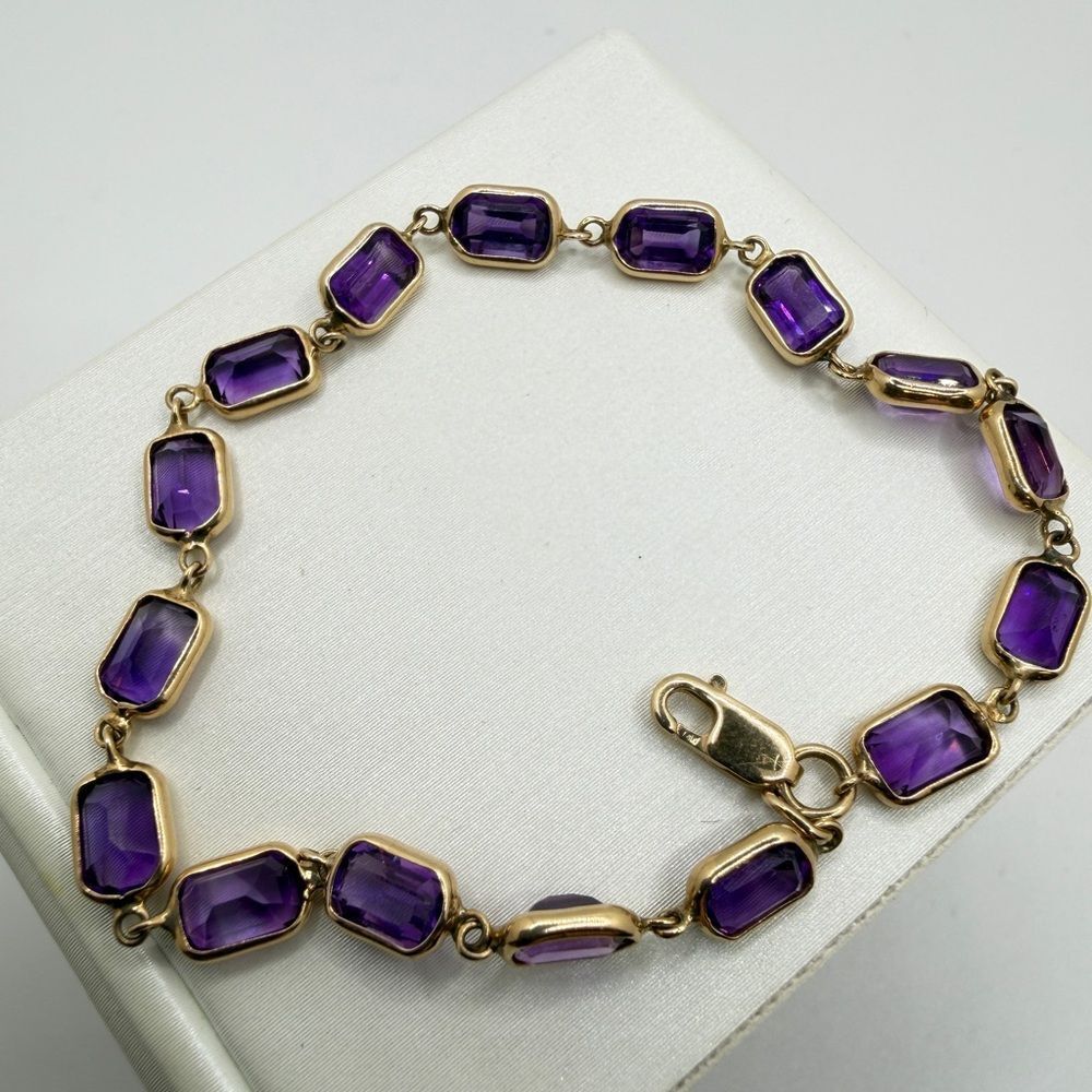 6.5" bezel set 5x3mm AMETHYST tennis‎ bracelet all in 14kt YELLOW GOLD!